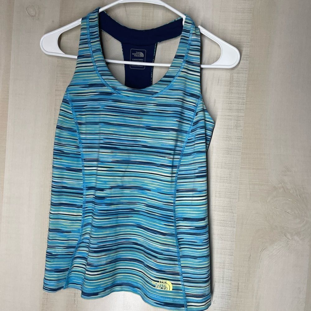 The North Face blue yellow tank top built in shelf bra, size medium
